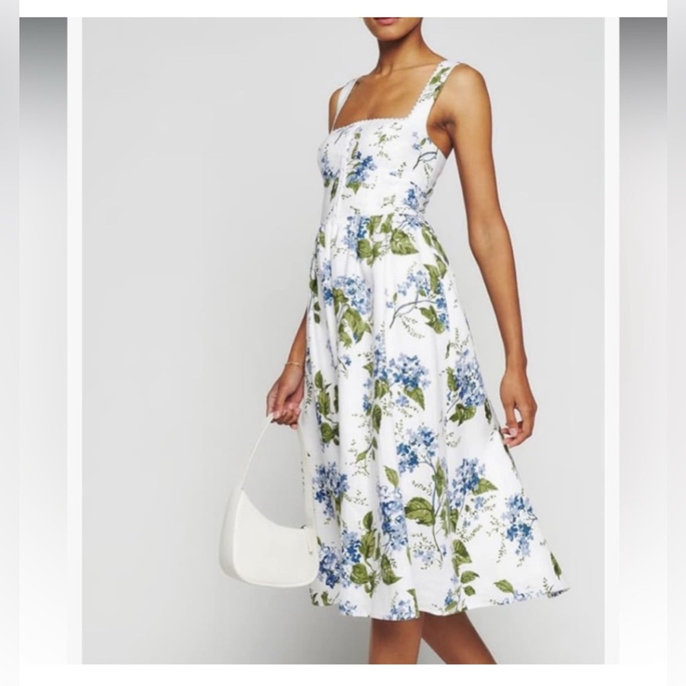 Reformation “Tagliatelle” Linen Dress, Floral Pattern Blue and Green | $278 New